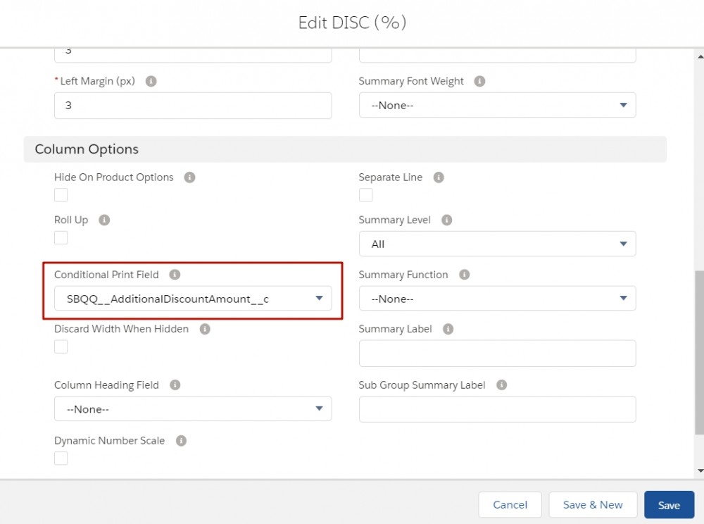 Salesforce CPQ Edit Disc Line Column Options